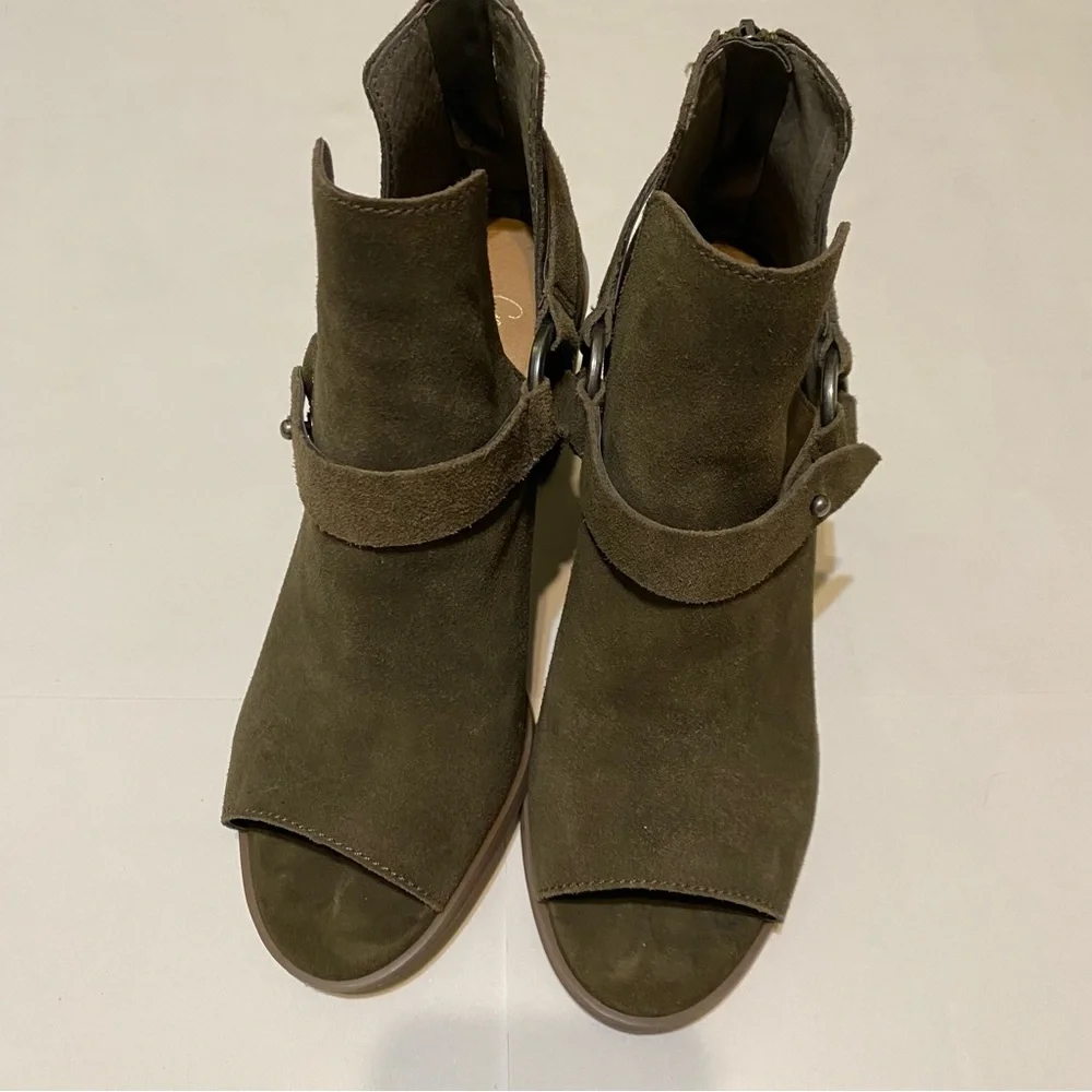 Crown Vintage Olive Green Peep Toe Suede Women's Ankle Boots